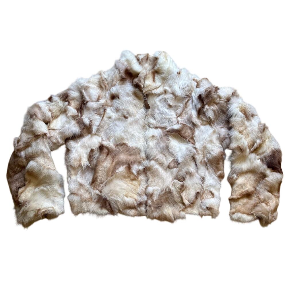 Rosleen Cropped Fur Coat Jacket White Brown Women's Size XL Short‎ Waist